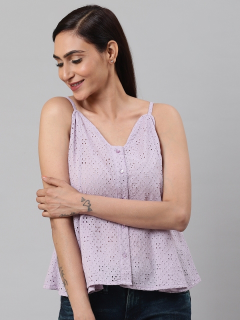 

I AM FOR YOU Women Purple Schiffli Embroidered A-Line Top