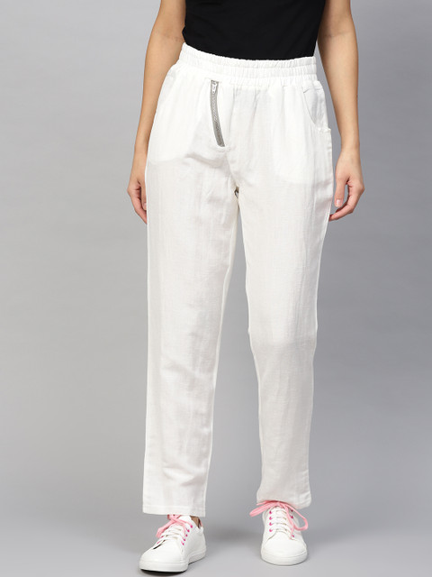 

I AM FOR YOU Women White Solid Relaxed Linen Trousers