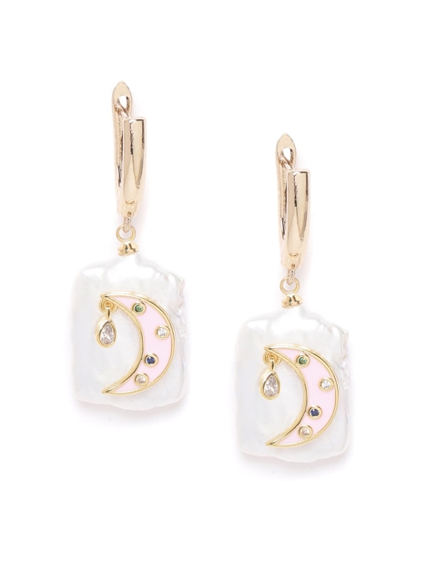 

SASSAFRAS White & Pink Gold-Plated Shell & Stone Studded Handcrafted Drop Earrings