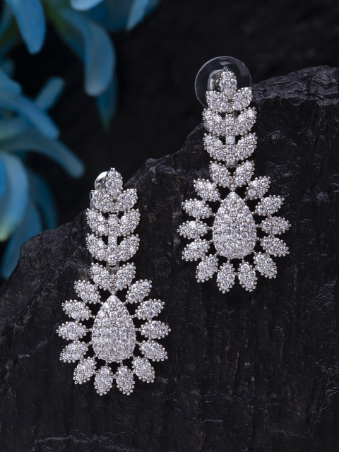 

SASSAFRAS Silver-Plated CZ Studded Handcrafted Floral Drop Earrings