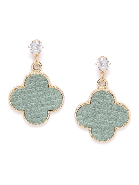

SASSAFRAS Green Gold-Plated CZ Studded Handcrafted Floral Shaped Drop Earrings