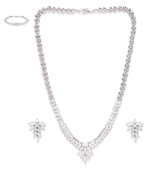 

SASSAFRAS Silver-Plated CZ Studded Floral Jewellery Set