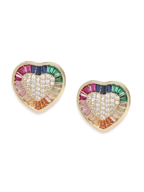 

SASSAFRAS Pink & Green Gold-Plated CZ Studded Handcrafted Heart Shaped Studs