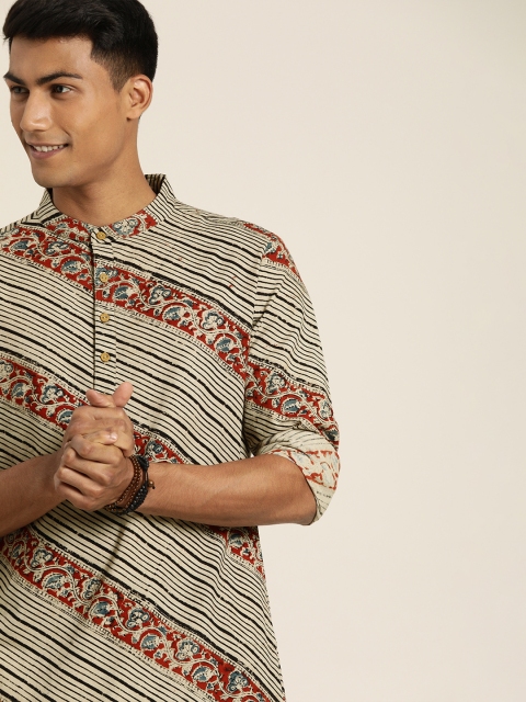 

Taavi Men Beige & Red Kalamkari Block Printed Straight Kurta with Trousers