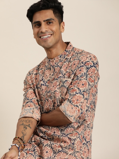 

Taavi Men Beige & Blue Kalamkari Block Printed Straight Sustainable Kurta