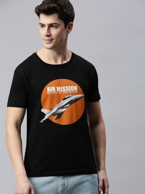 

HERENOW Men Black Printed Round Neck Pure Cotton T-shirt