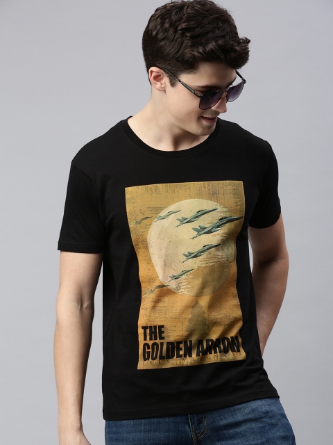 

HERENOW Men Black Printed Round Neck Pure Cotton T-shirt