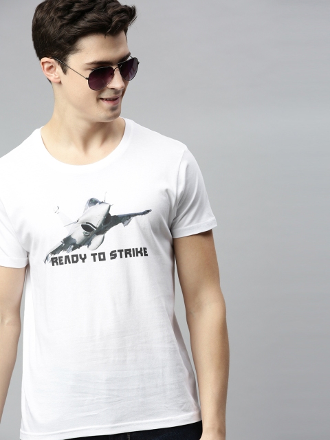 

HERENOW Men White Printed Round Neck Pure Cotton T-shirt