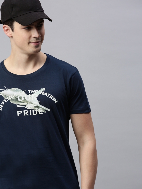 

HERENOW Men Navy Blue Printed Round Neck Pure Cotton T-shirt