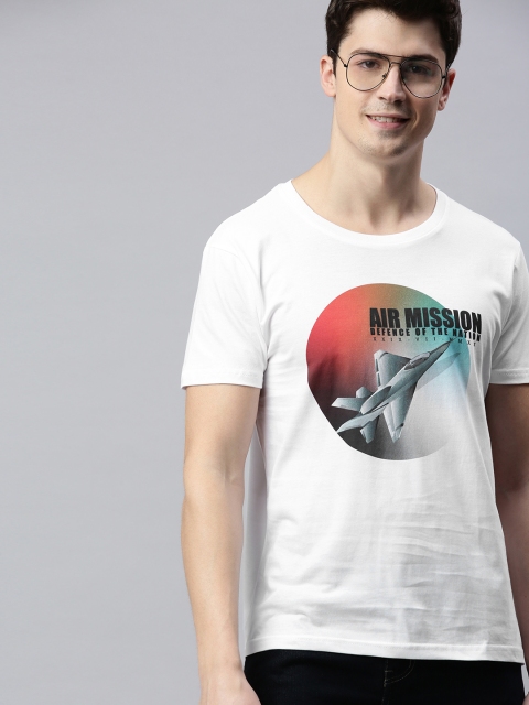 

HERENOW Men White Printed Round Neck Pure Cotton T-shirt