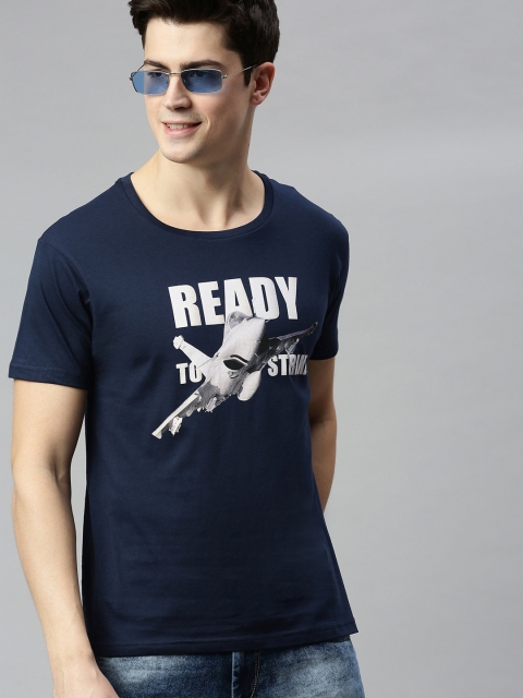 

HERENOW Men Navy Blue Printed Round Neck Pure Cotton T-shirt