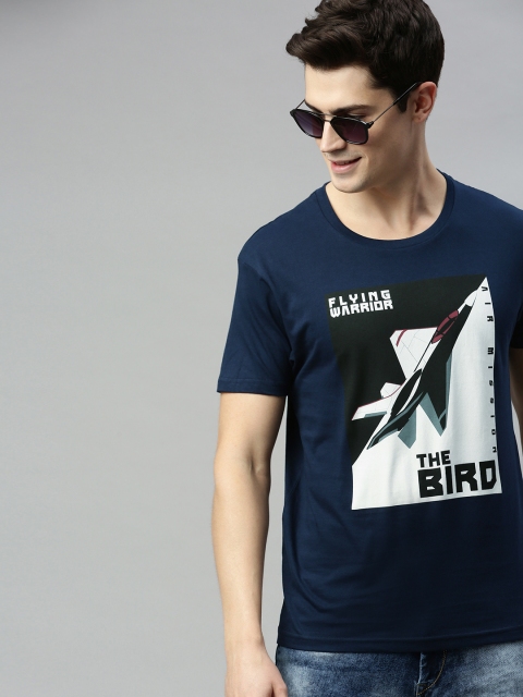 

HERE&NOW Men Navy Blue Printed Round Neck T-shirt