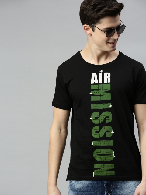 

HERENOW Men Black Printed Round Neck Pure Cotton T-shirt