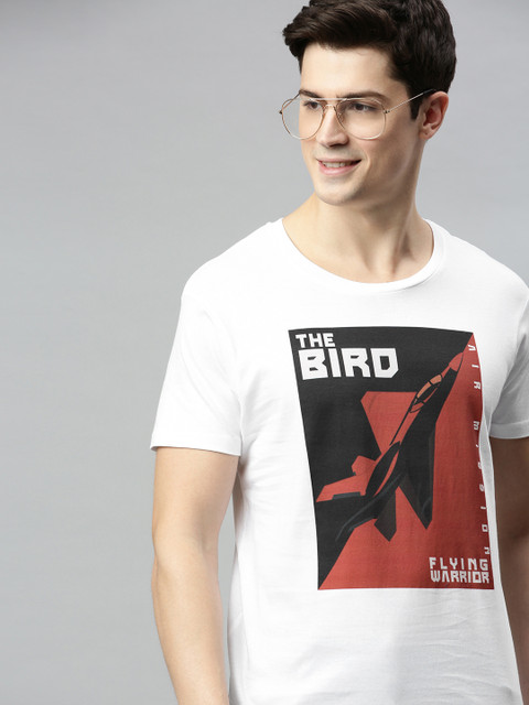 

HERENOW Men White Printed Round Neck Pure Cotton T-shirt