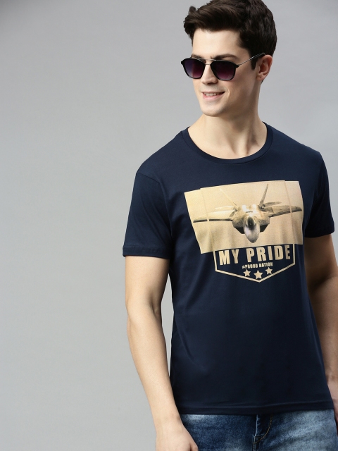 

HERE&NOW Men Navy Blue Printed Round Neck T-shirt