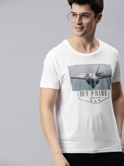 

HERENOW Men White Printed Round Neck Pure Cotton T-shirt