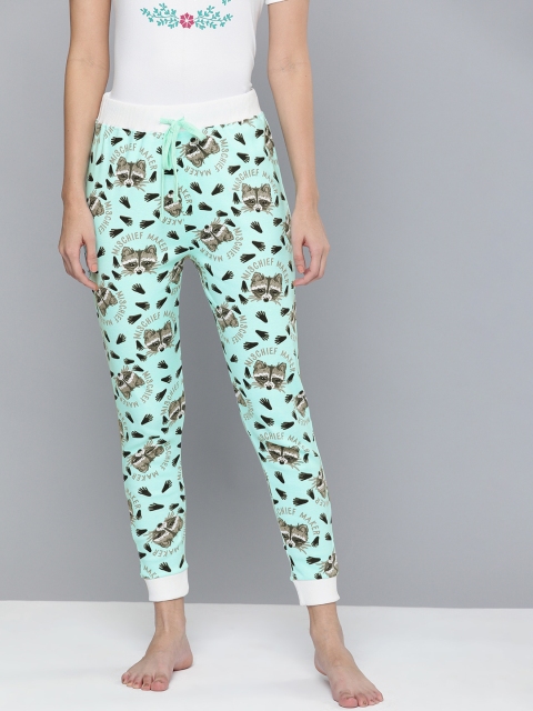 

HERE&NOW Women Sea Green & Black Conversational Printed Cropped Lounge Pants
