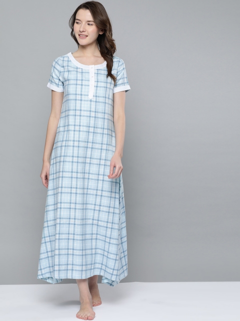 

HERE&NOW Women Blue & Off-White Self-Checked Maxi Nightdress