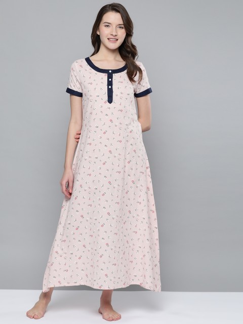 

HERE&NOW Women Pink & Green Floral Print Maxi Nightdress