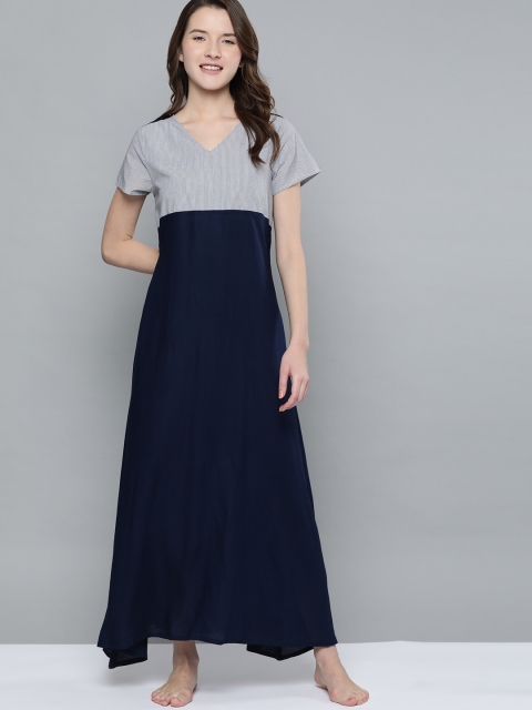 

HERE&NOW Women Navy Blue & White Striped Maxi Nightdress