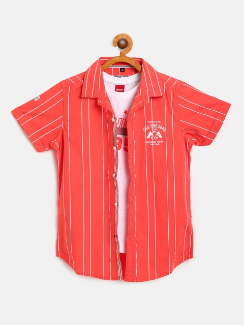 

RUFF Boys Orange & White Slim Fit Striped Casual Shirt With T-shirt