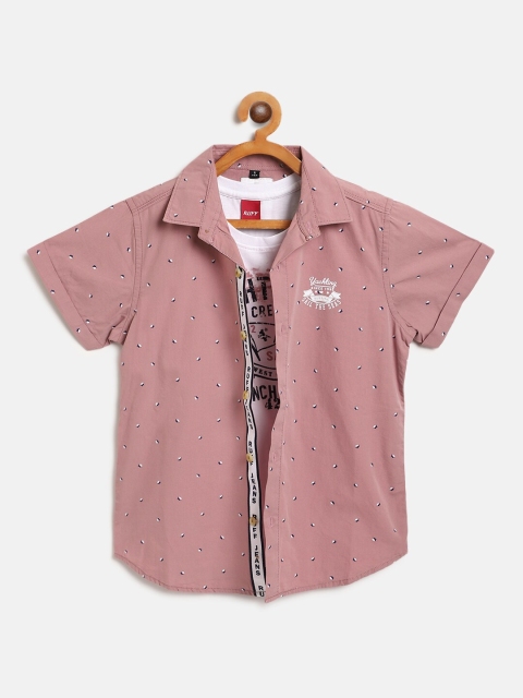 

RUFF Boys Dusty Pink & White Leaf Print Slim Fit Casual Shirt With T-shirt
