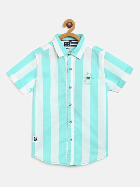 

RUFF Boys Sea Green & White Slim Fit Striped Casual Shirt with Printed Back