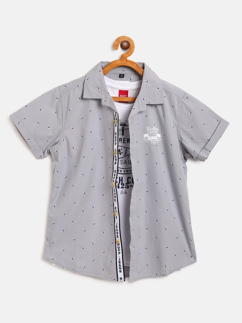 

RUFF Boys Grey & White Leaf Print Slim Fit Casual Shirt With T-shirt