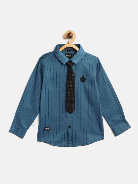 

RUFF Boys Teal Blue & Black Slim Fit Striped Shirt with Tie