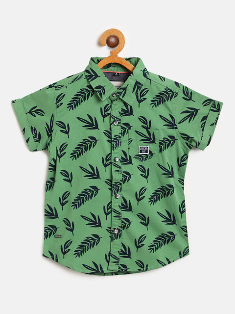 

RUFF Boys Green & Navy Blue Slim Fit Leaf Print Casual Shirt