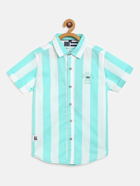 

RUFF Boys Sea Green & White Slim Fit Striped Casual Shirt with Printed Back