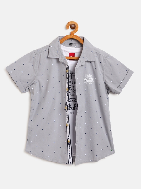 

RUFF Boys Grey & White Leaf Print Slim Fit Casual Shirt With T-shirt