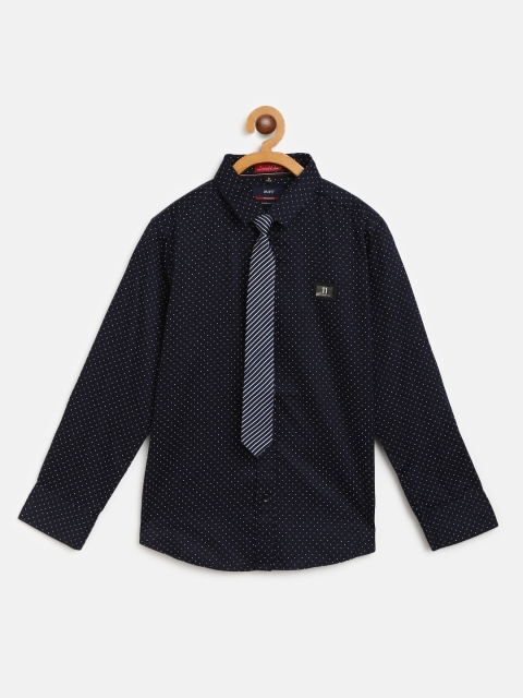 

RUFF Boys Navy Blue & White Slim Fit Polka Dot Print Formal Shirt with Tie