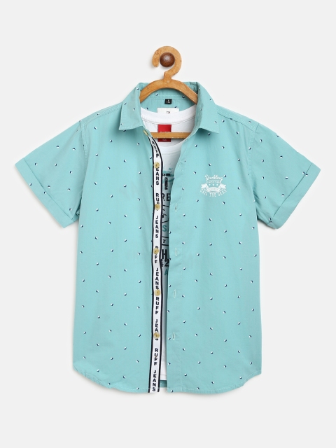

RUFF Boys Sea Green & White Slim Fit Leaf Printed Casual Shirt with T-shirt