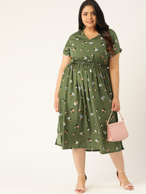 

Sztori Women Olive Green & Blue Floral Printed A-Line Dress