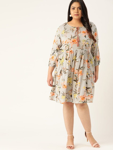 

Sztori Women Plus Size Grey & Orange Floral Printed A-Line Dress
