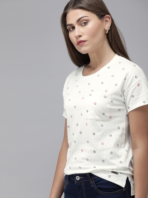 

Roadster Women White & Red Printed Round Neck T-shirt with Pocket