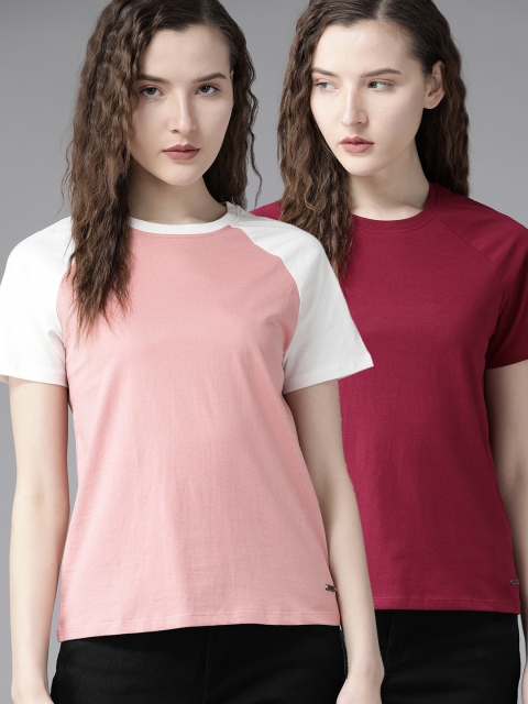 

Roadster Women Pack of 2 Maroon Pink Solid Cotton Round Neck Pure Cotton T-shirt