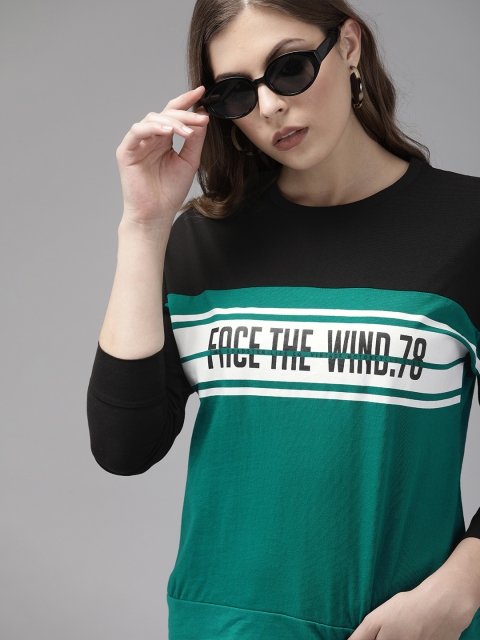 

Roadster Women Teal Green & Black Printed Round Neck T-shirt