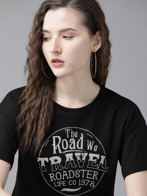 

Roadster Women Black Grey Printed Cotton Round Neck Pure Cotton T-shirt