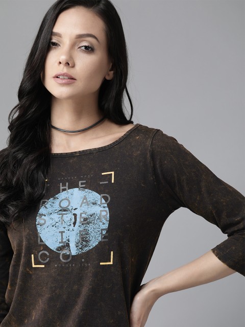 

Roadster Women Black & Blue Printed Pure Cotton Round Neck T-shirt