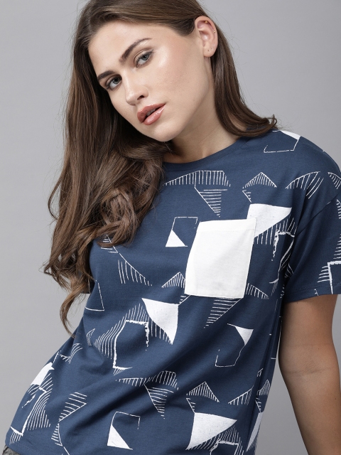 

Roadster Women Blue Printed Round Neck T-shirt