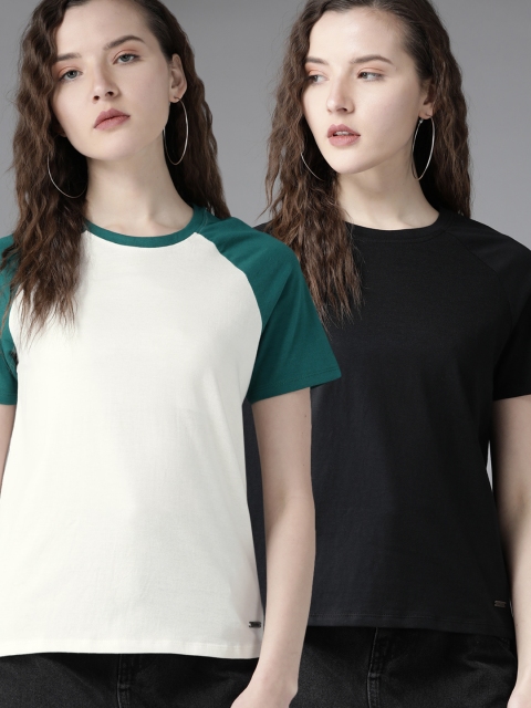 

Roadster Women Pack of 2 White & Black Solid Cotton Round Neck T-shirt
