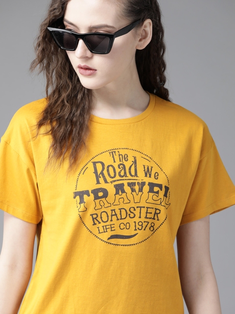 

Roadster Women Mustard Yellow Pure Cotton Brand Logo Print Round Neck T-shirt