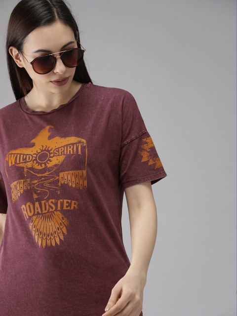 

Roadster Women Burgundy Brand Logo Printed Drop-Shoulder Sleeves Pure Cotton T-shirt