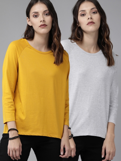 

Roadster Women Pack of 2 Mustard Yellow & Grey Solid Round Neck T-shirt