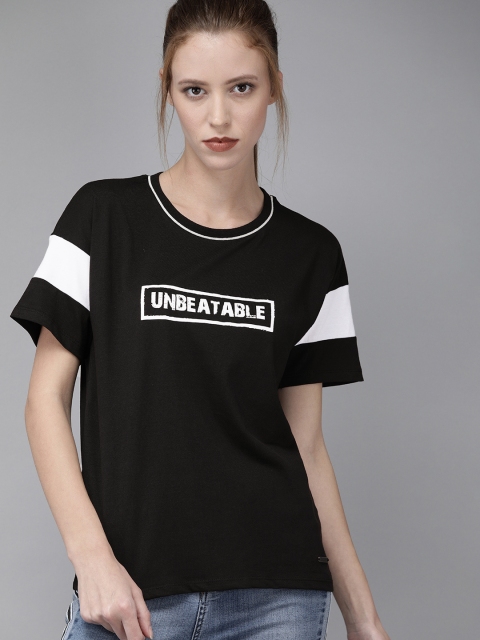 

Roadster Women Black Printed Round Neck T-shirt with Contrast Detailing
