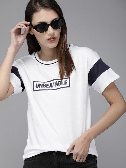 

Roadster Women White Printed Round Neck T-shirt with Contrast Detailing