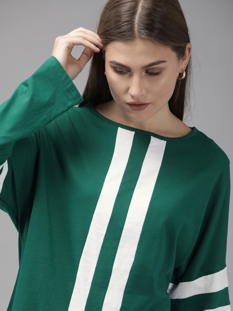 

Roadster Women Green & White Boxy Fit Striped Boat Neck T-shirt