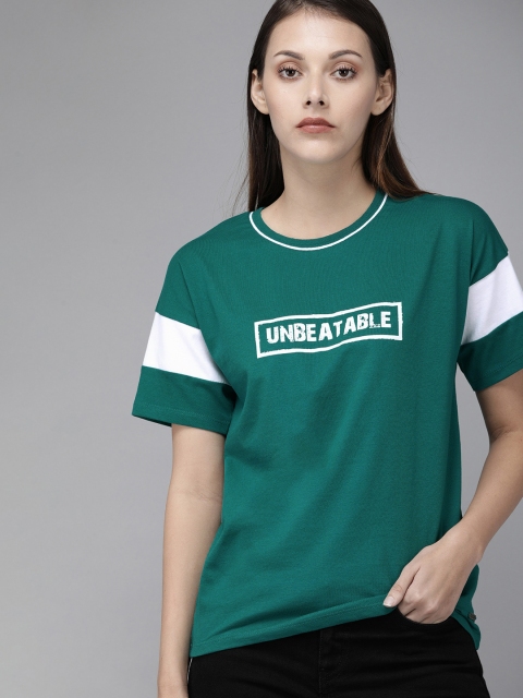 

Roadster Women Teal Green Printed Round Neck T-shirt with Contrast Detailing